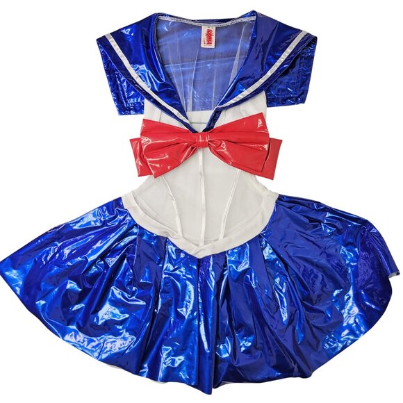 Sailor Moon Costume Mini Dress Vinyl Bib Oversized Bow Choker Star Small - Picture 1 of 16